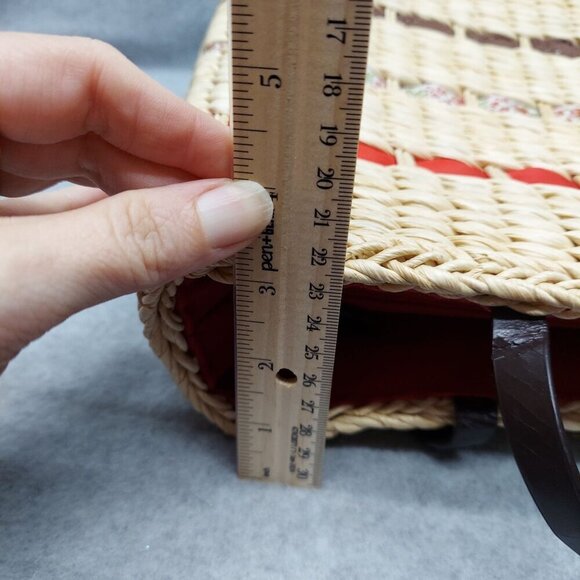 Woven Straw Tote Bag With Floral Accents & Red Lining - Picture 14 of 14
